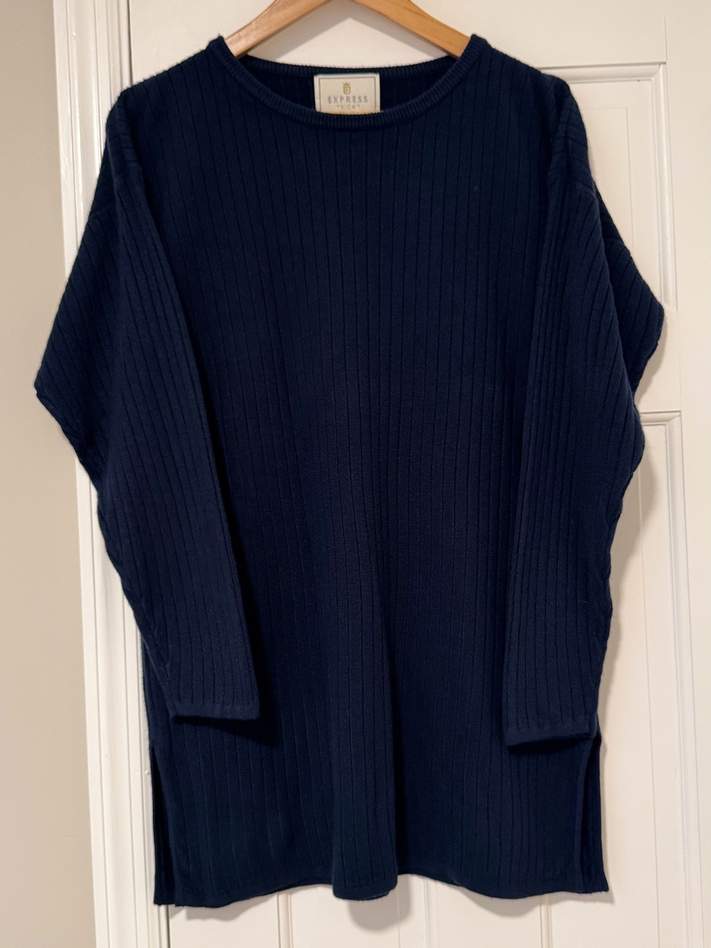Vintage 90s Express Tricot Sweater Small Navy Blue HK Ribbed Oversized Tunic Y2K
